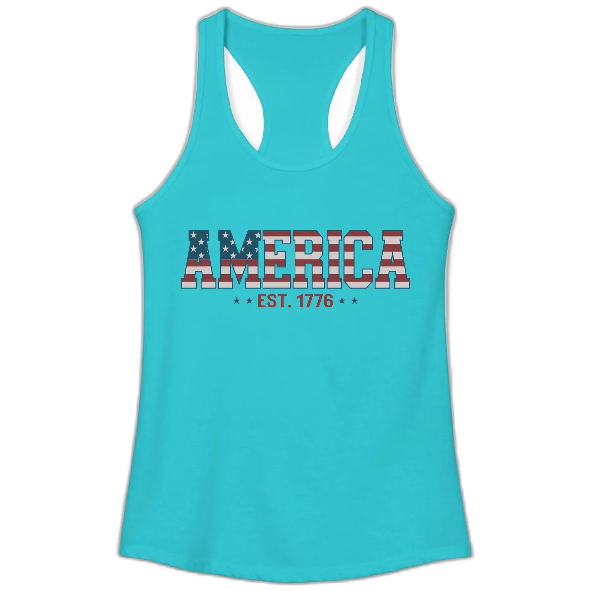 America Est. 1776 Flag Lettering Ladies Tank in Solid Tahiti Blue