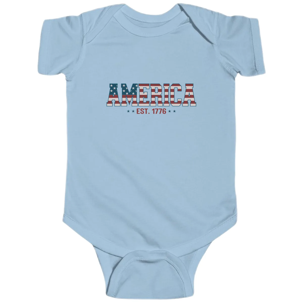 America Est. 1776 Flag Lettering Baby Onesie in Light Blue