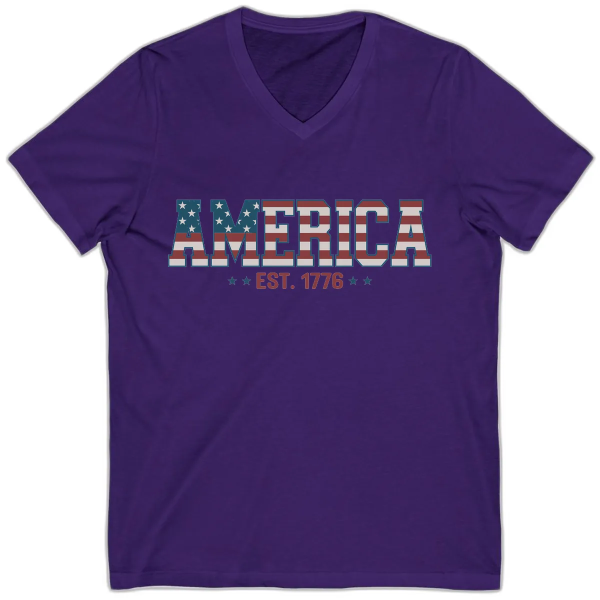 America Est. 1776 Flag Lettering V-Neck in Team Purple