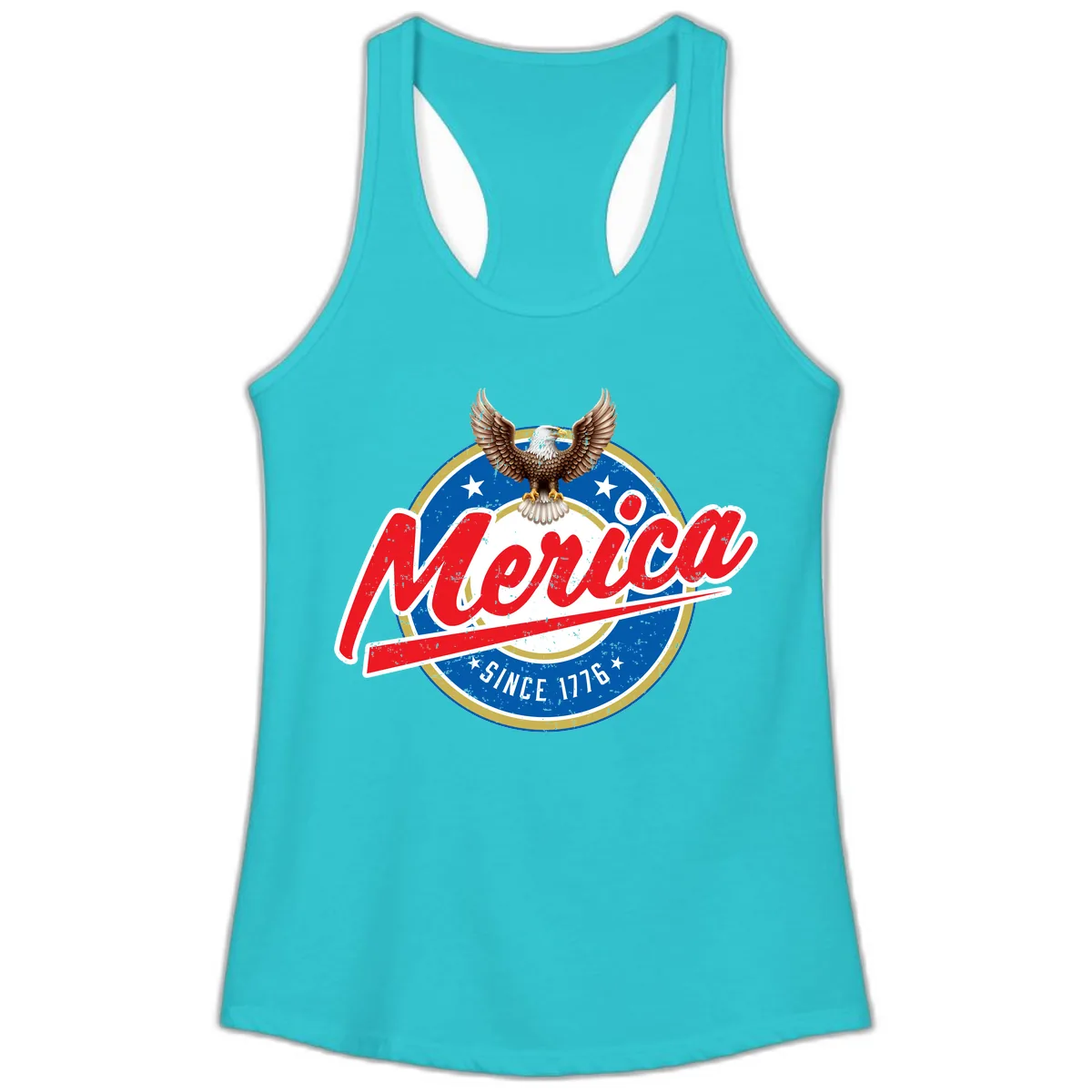 Merica Since 1776 Eagle Badge Ladies Tank in Solid Tahiti Blue