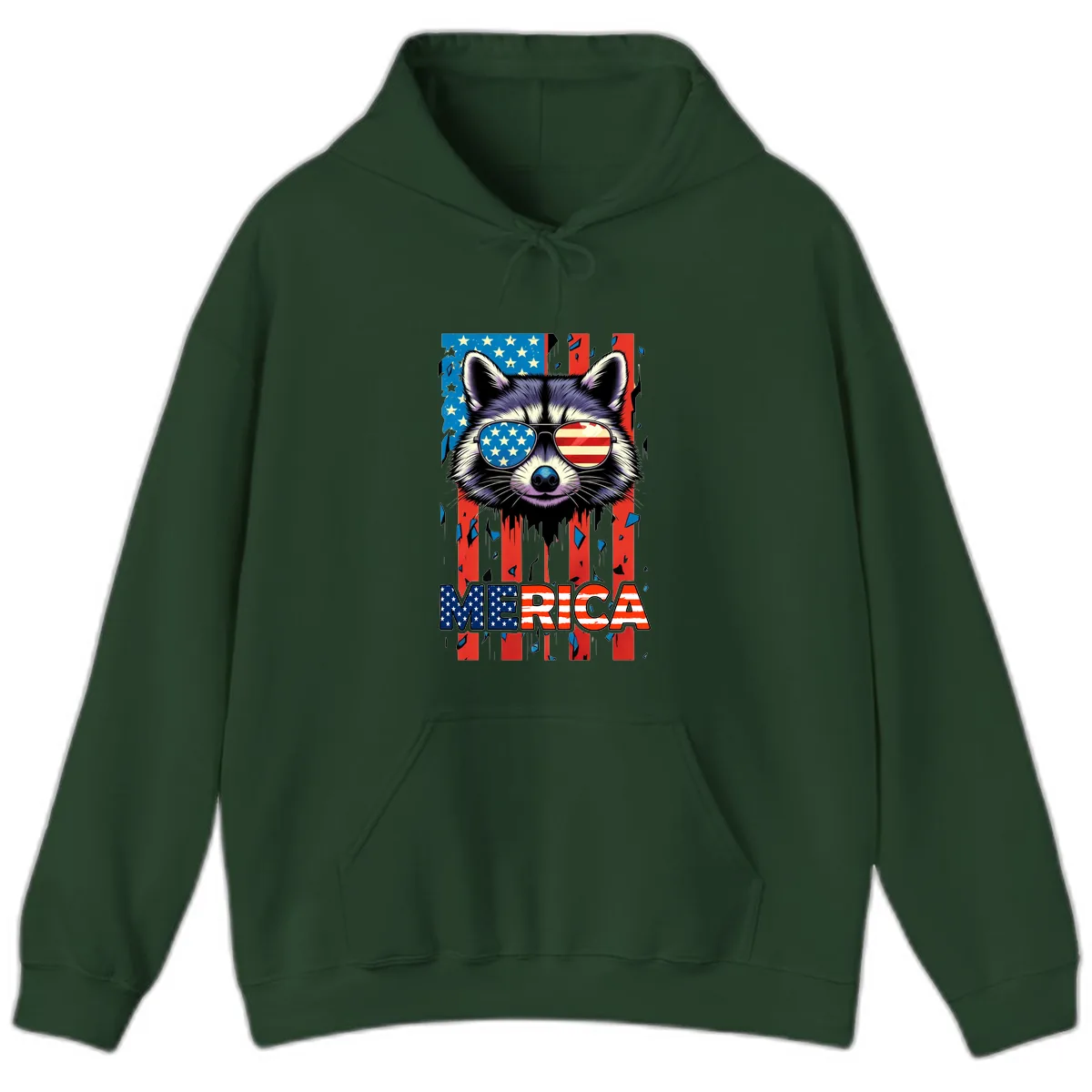 Patriotic Raccoon Merica Sunglasses Hoodie in Forest Green