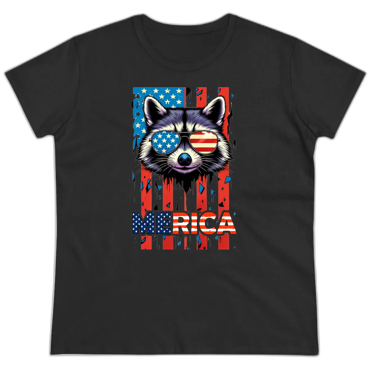 Patriotic Raccoon Merica Sunglasses Ladies Tee in Black
