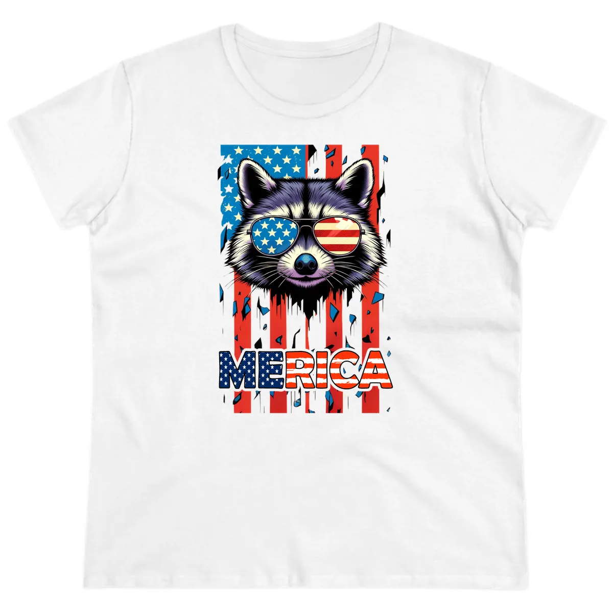 Patriotic Raccoon Merica Sunglasses Ladies Tee in White