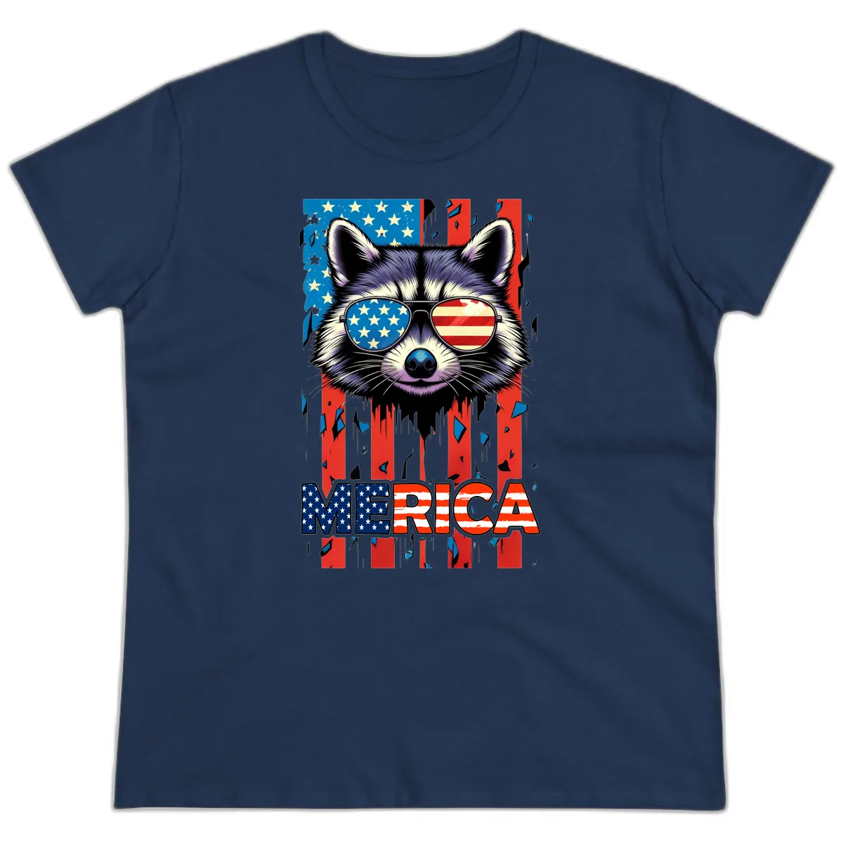 Patriotic Raccoon Merica Sunglasses Ladies Tee in Navy