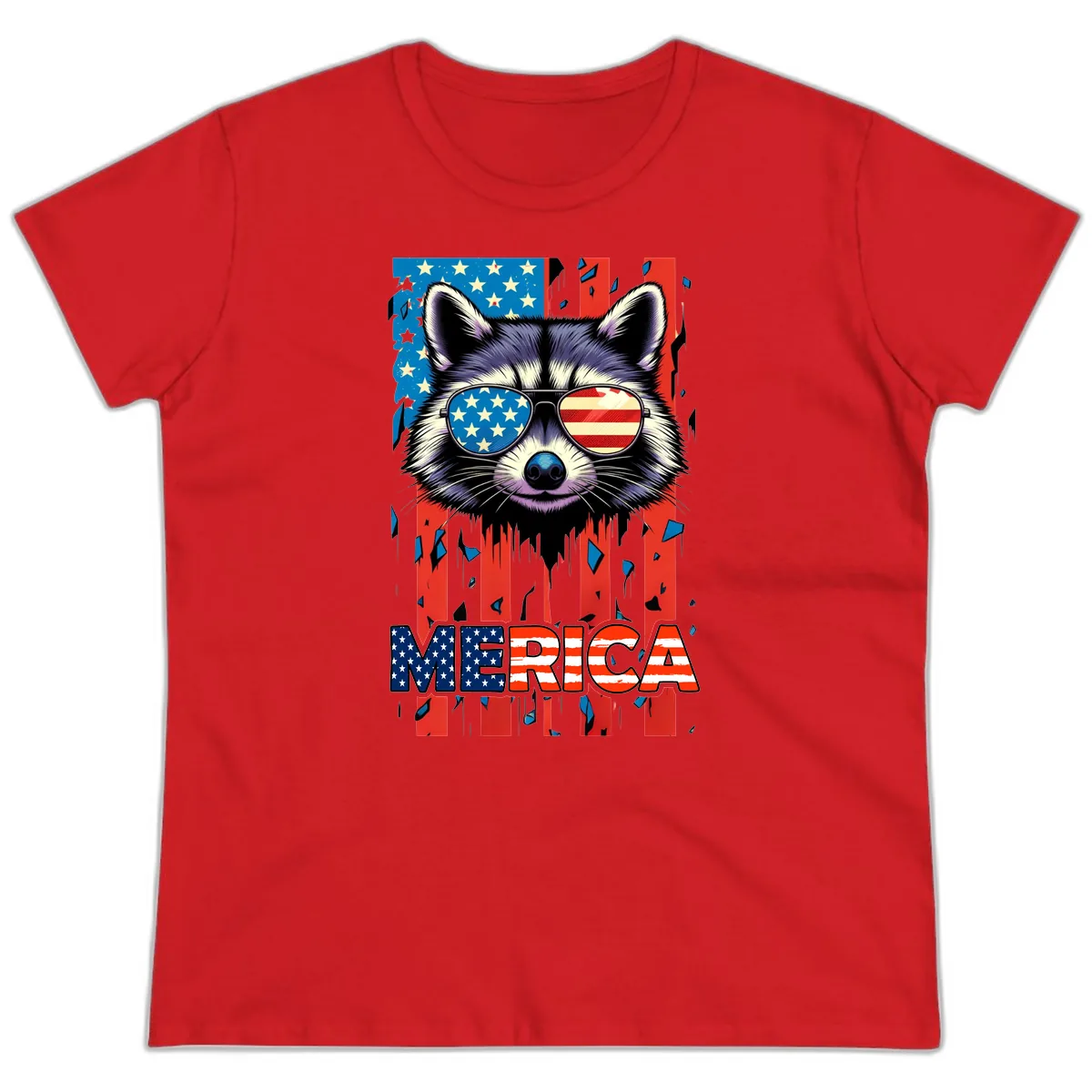 Patriotic Raccoon Merica Sunglasses Ladies Tee in Red