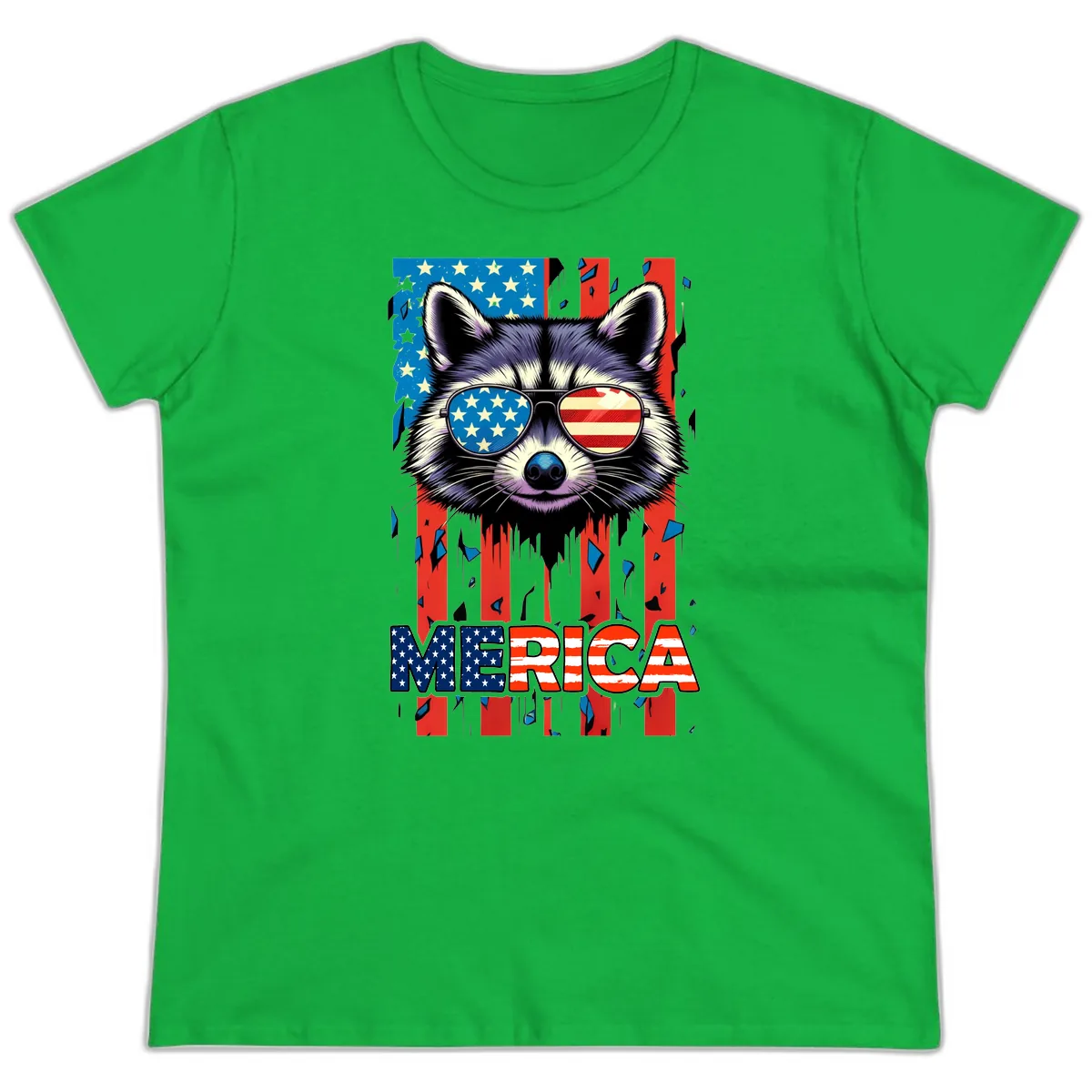 Patriotic Raccoon Merica Sunglasses Ladies Tee in Irish Green