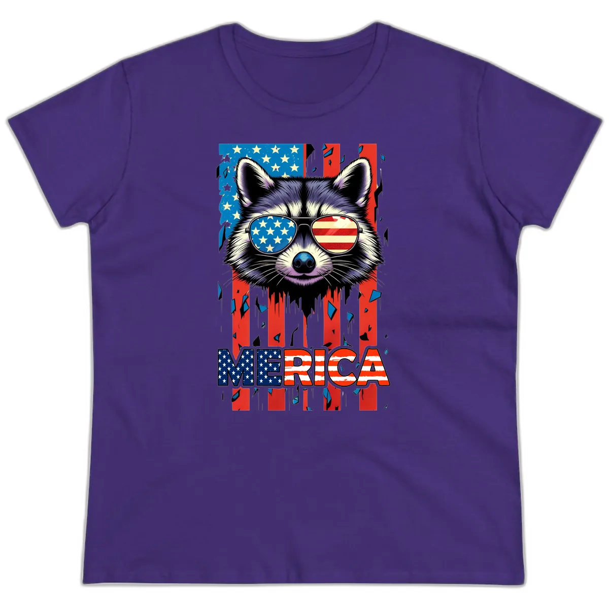 Patriotic Raccoon Merica Sunglasses Ladies Tee in Purple