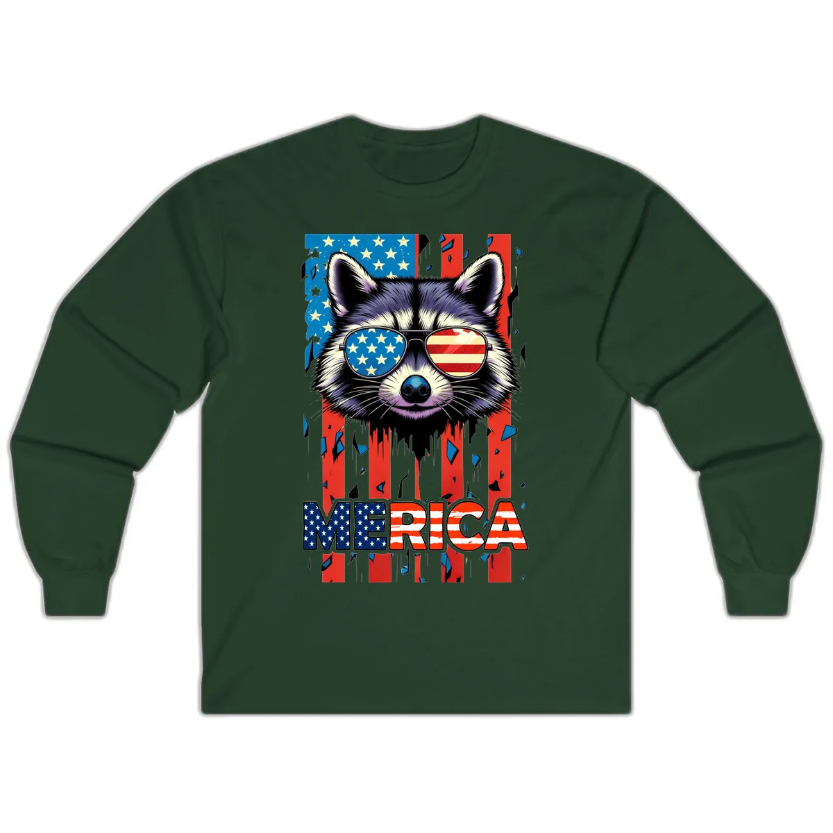 Patriotic Raccoon Merica Sunglasses Long Sleeve in Forest Green