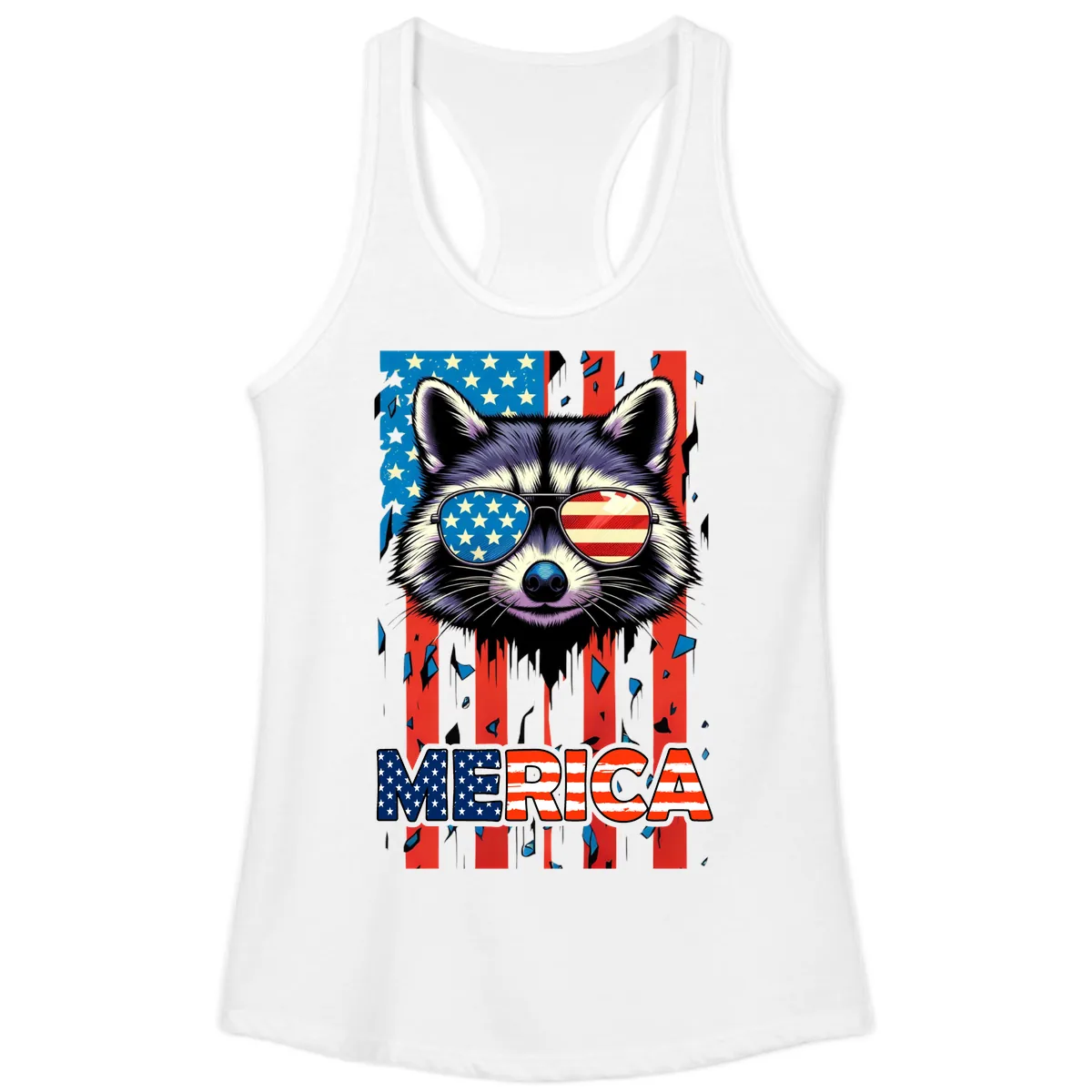 Patriotic Raccoon Merica Sunglasses Ladies Tank in White