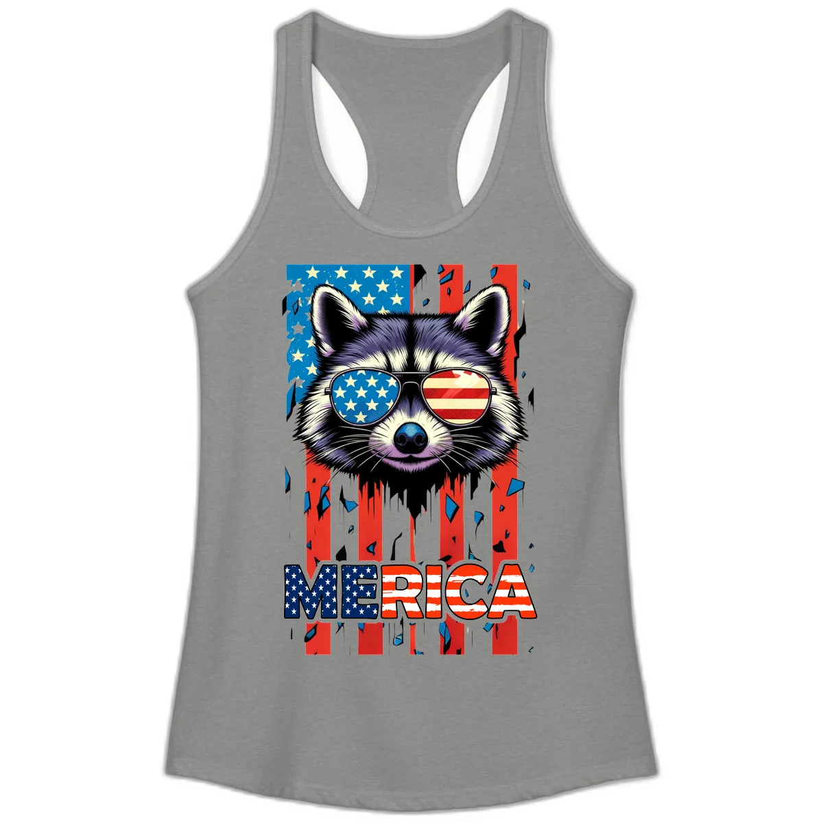 Patriotic Raccoon Merica Sunglasses Ladies Tank in Heather Grey