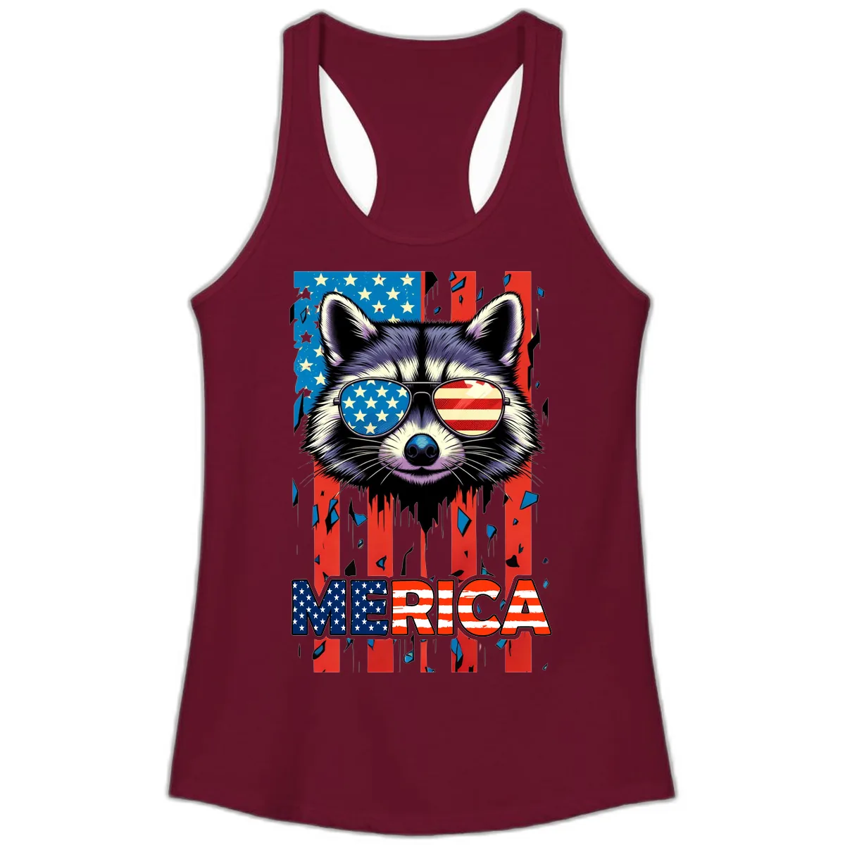 Patriotic Raccoon Merica Sunglasses Ladies Tank in Solid Cardinal Red