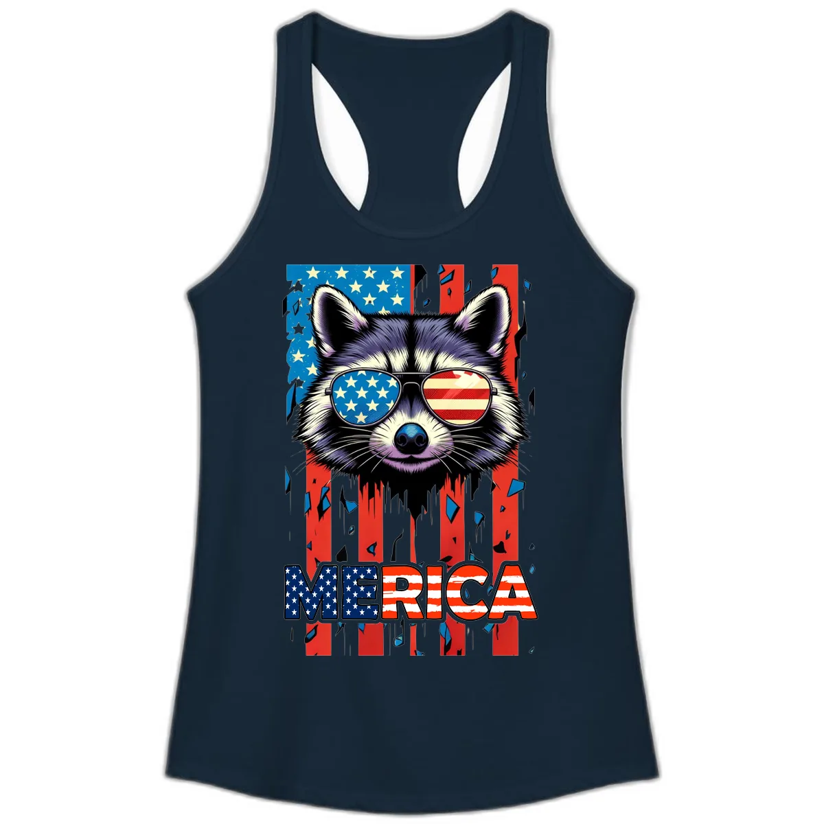 Patriotic Raccoon Merica Sunglasses Ladies Tank in Solid Midnight Navy
