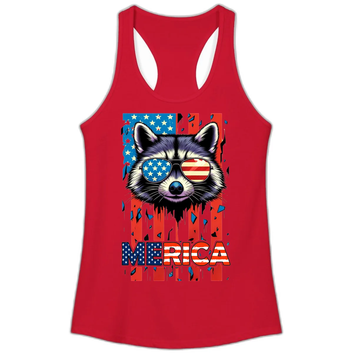 Patriotic Raccoon Merica Sunglasses Ladies Tank in Solid Red