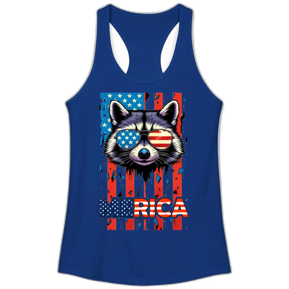 Patriotic Raccoon Merica Sunglasses Ladies Tank in Solid Royal