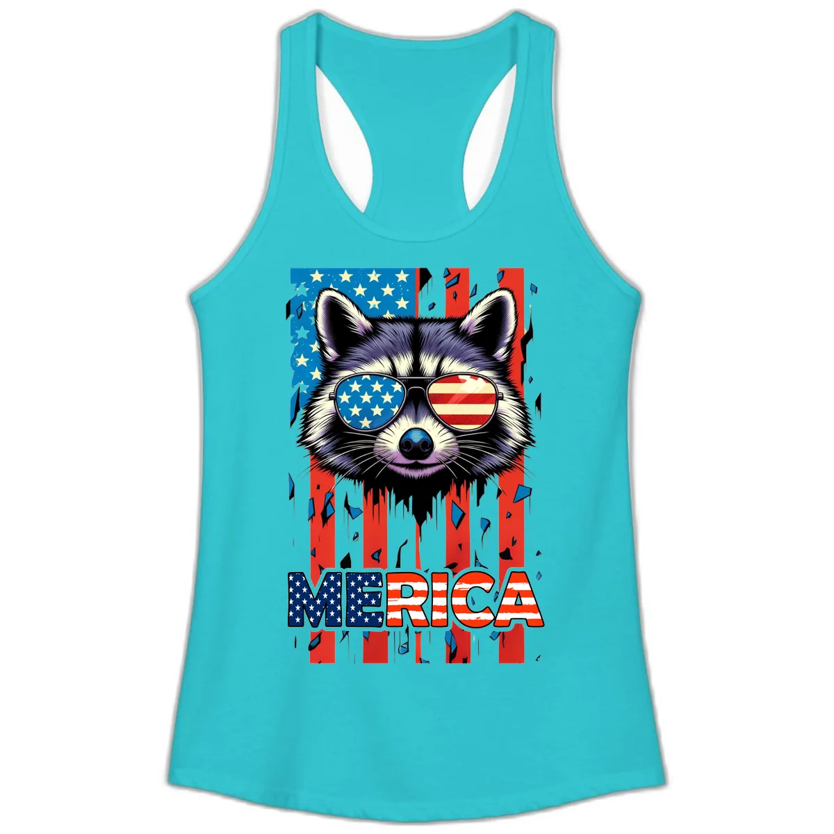 Patriotic Raccoon Merica Sunglasses Ladies Tank in Solid Tahiti Blue