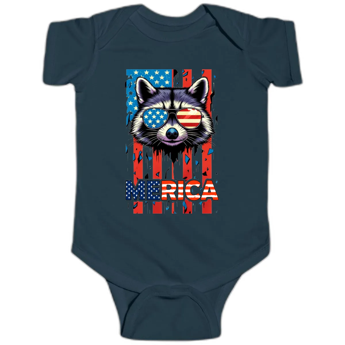 Patriotic Raccoon Merica Sunglasses Baby Onesie in Navy