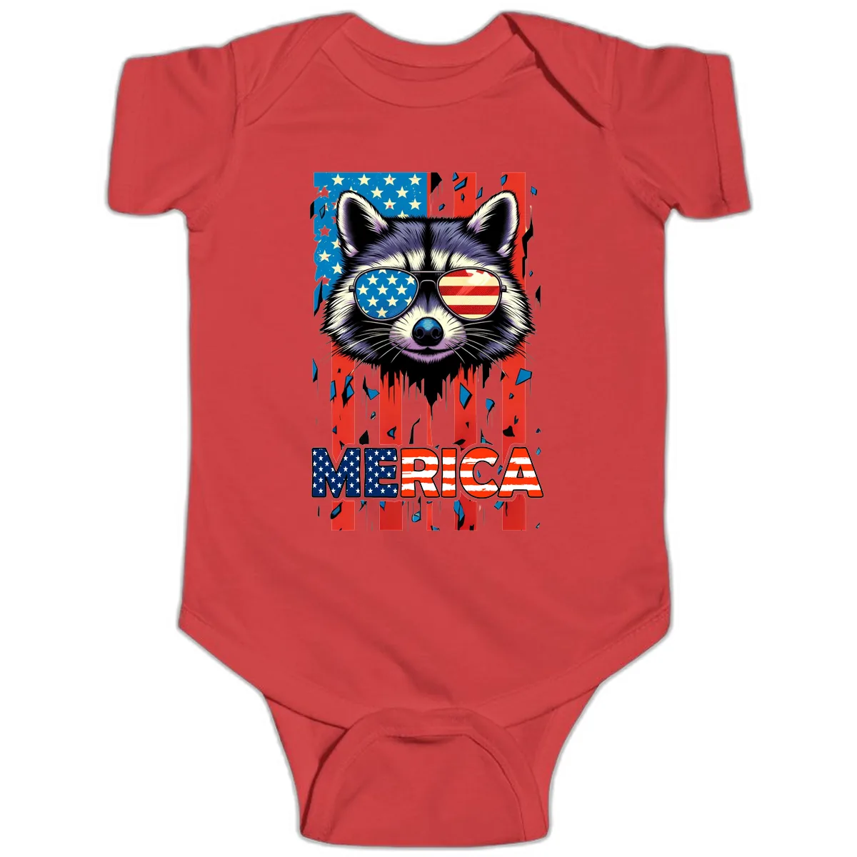 Patriotic Raccoon Merica Sunglasses Baby Onesie in Red