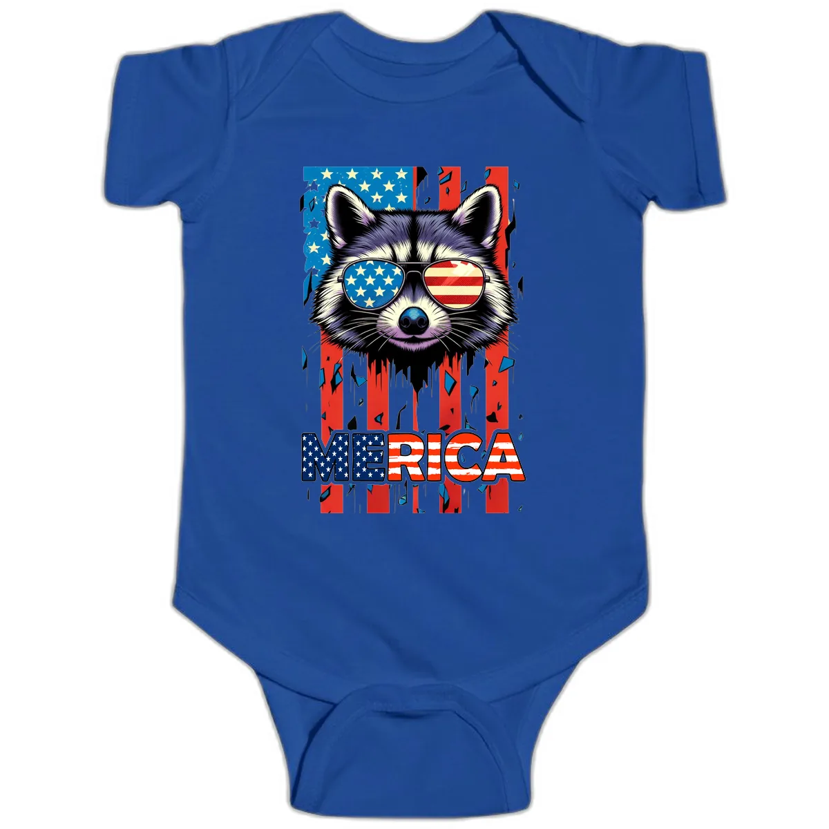 Patriotic Raccoon Merica Sunglasses Baby Onesie in Royal