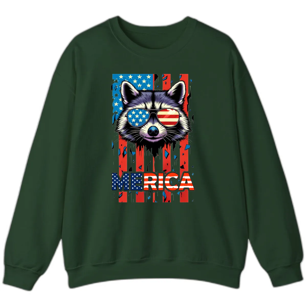 Patriotic Raccoon Merica Sunglasses Sweatshirt in Forest Green