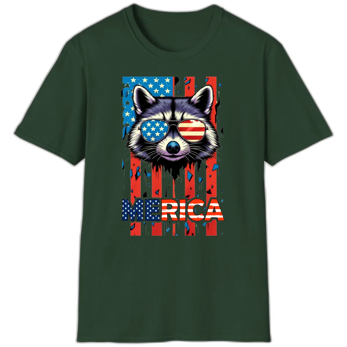 Patriotic Raccoon Merica Sunglasses T-Shirt in Forest Green