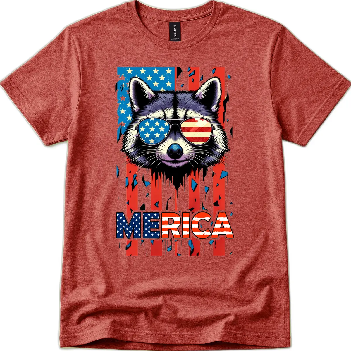 Patriotic Raccoon Merica Sunglasses T-Shirt in Heather Cardinal