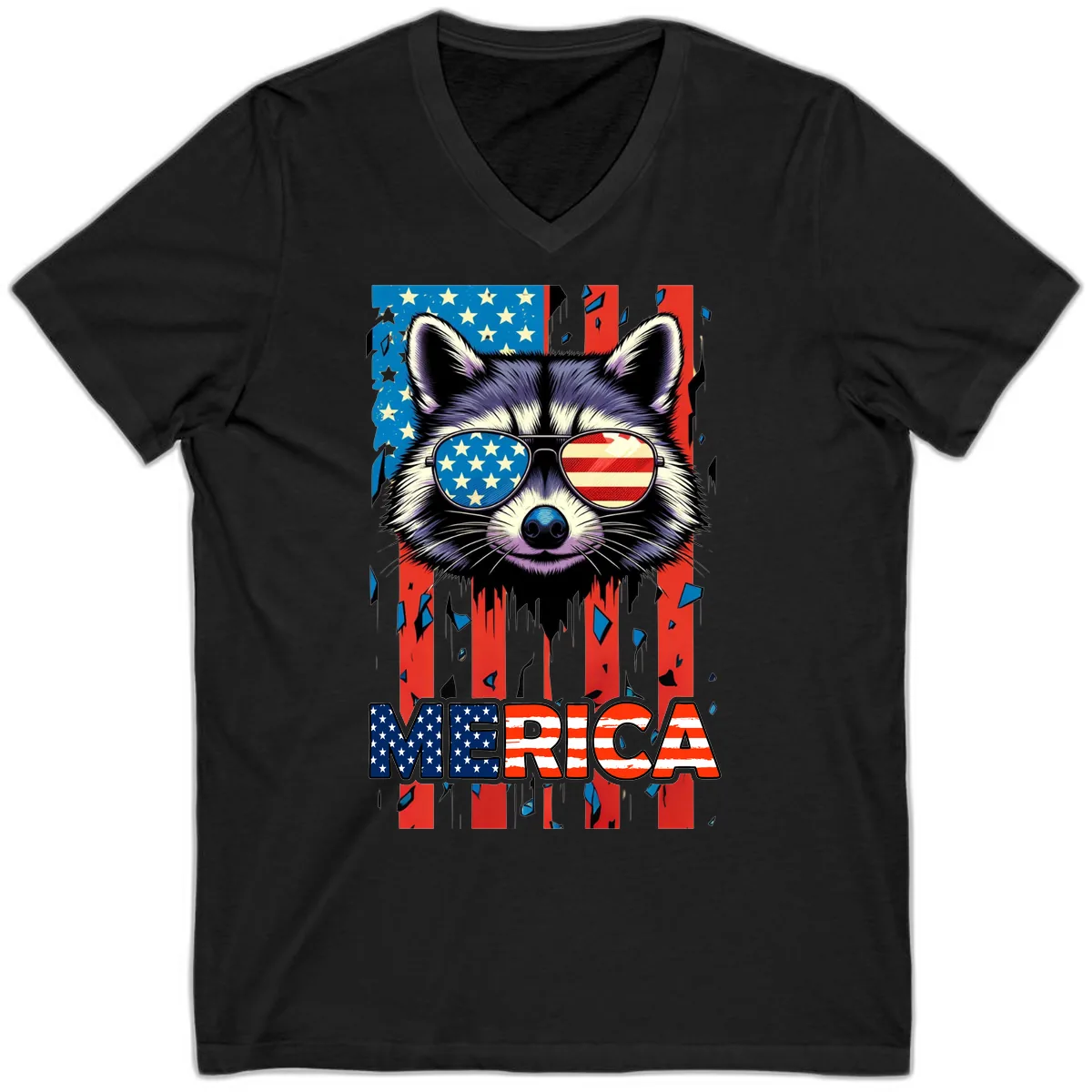 Patriotic Raccoon Merica Sunglasses V-Neck in Black