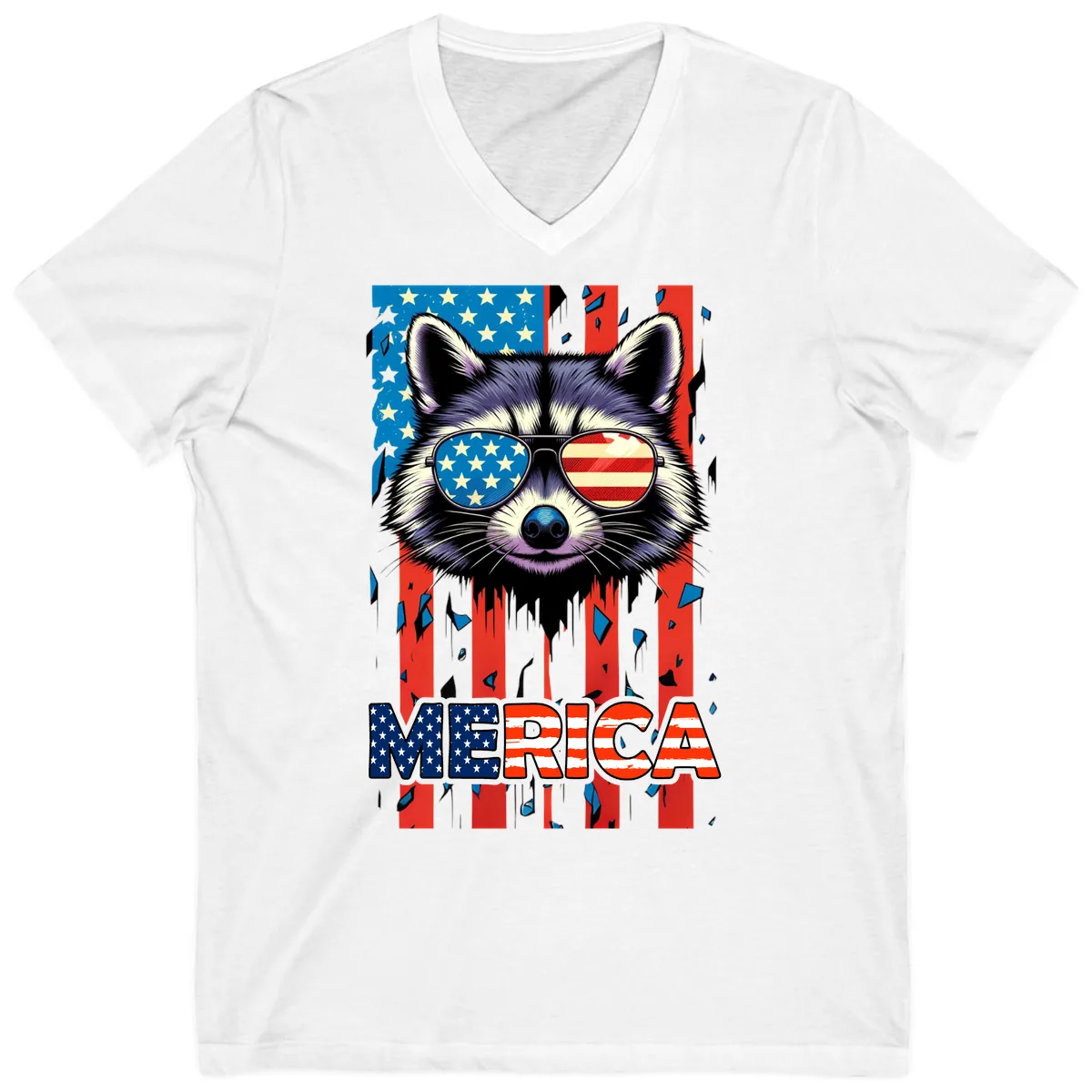 Patriotic Raccoon Merica Sunglasses V-Neck in White