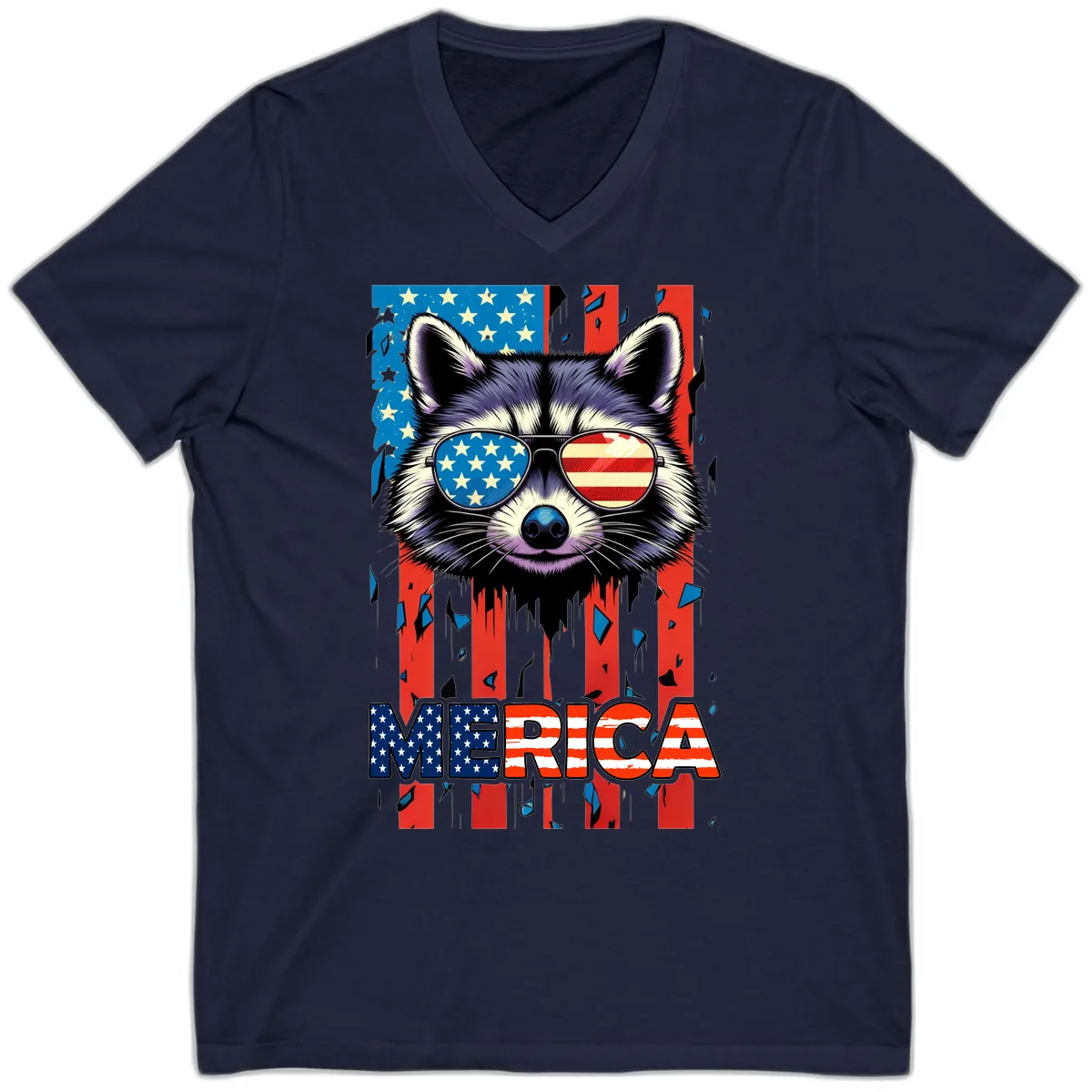 Patriotic Raccoon Merica Sunglasses V-Neck in Navy