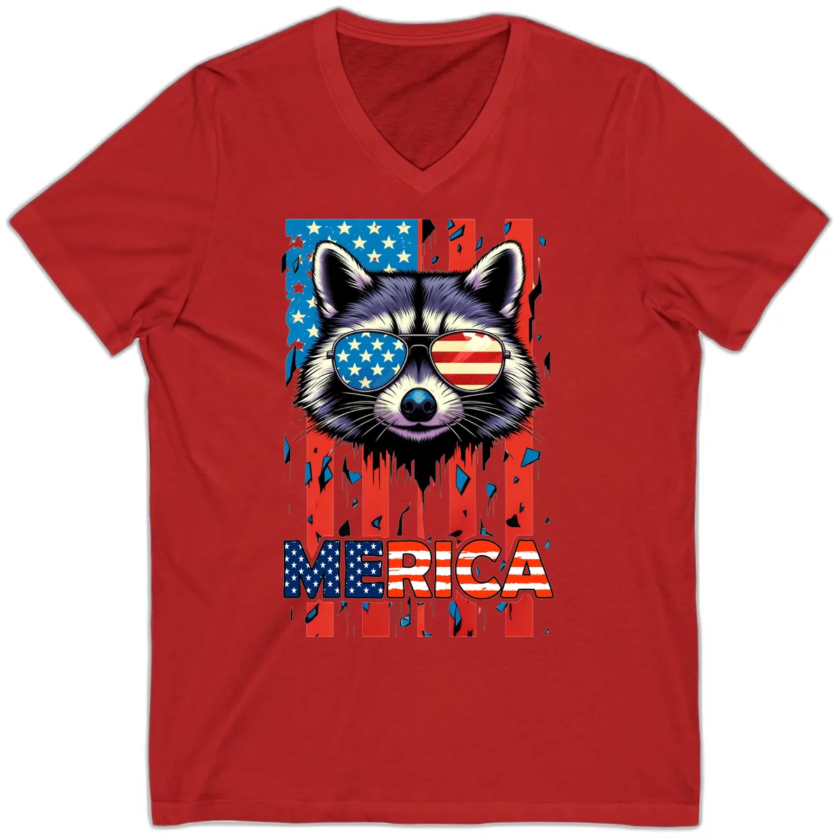 Patriotic Raccoon Merica Sunglasses V-Neck in Red