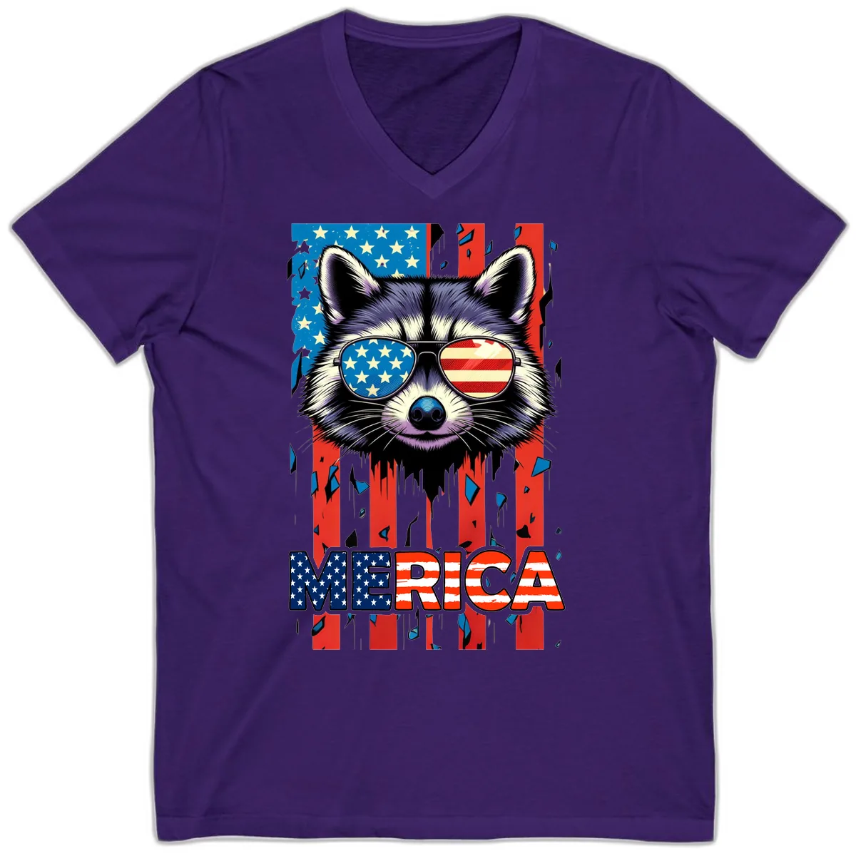 Patriotic Raccoon Merica Sunglasses V-Neck in Team Purple