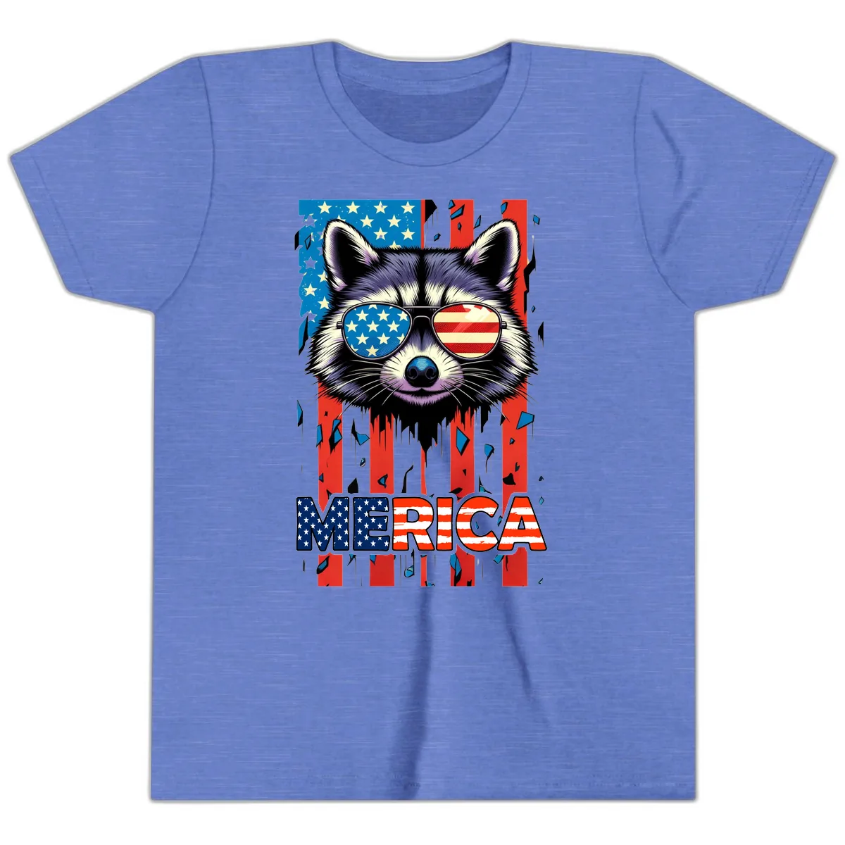 Patriotic Raccoon Merica Sunglasses Youth T-Shirt in Heather Columbia Blue