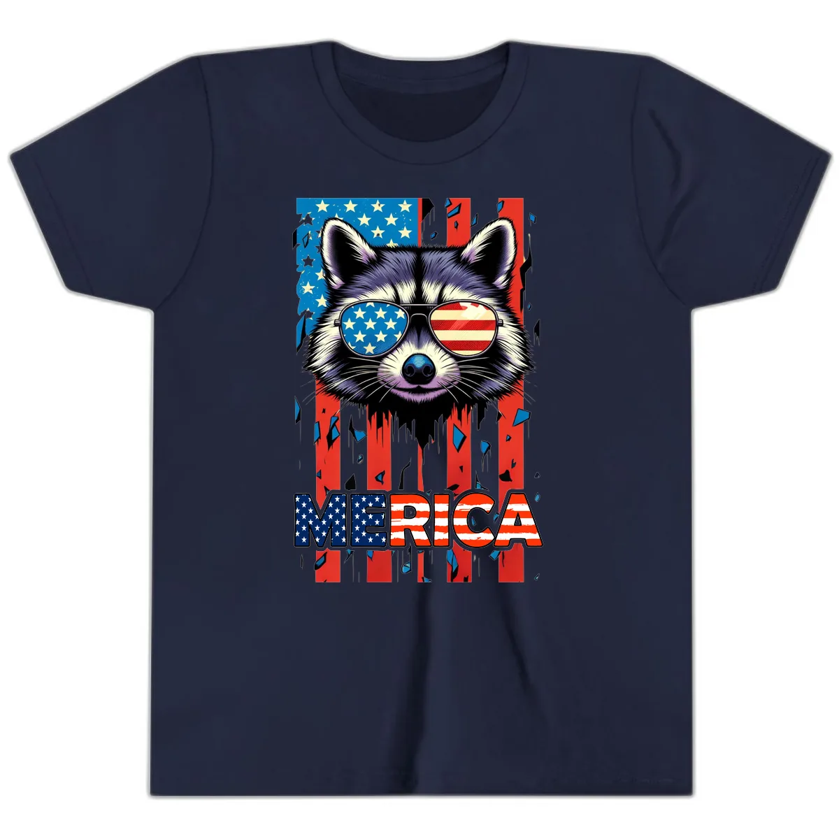 Patriotic Raccoon Merica Sunglasses Youth T-Shirt in Navy