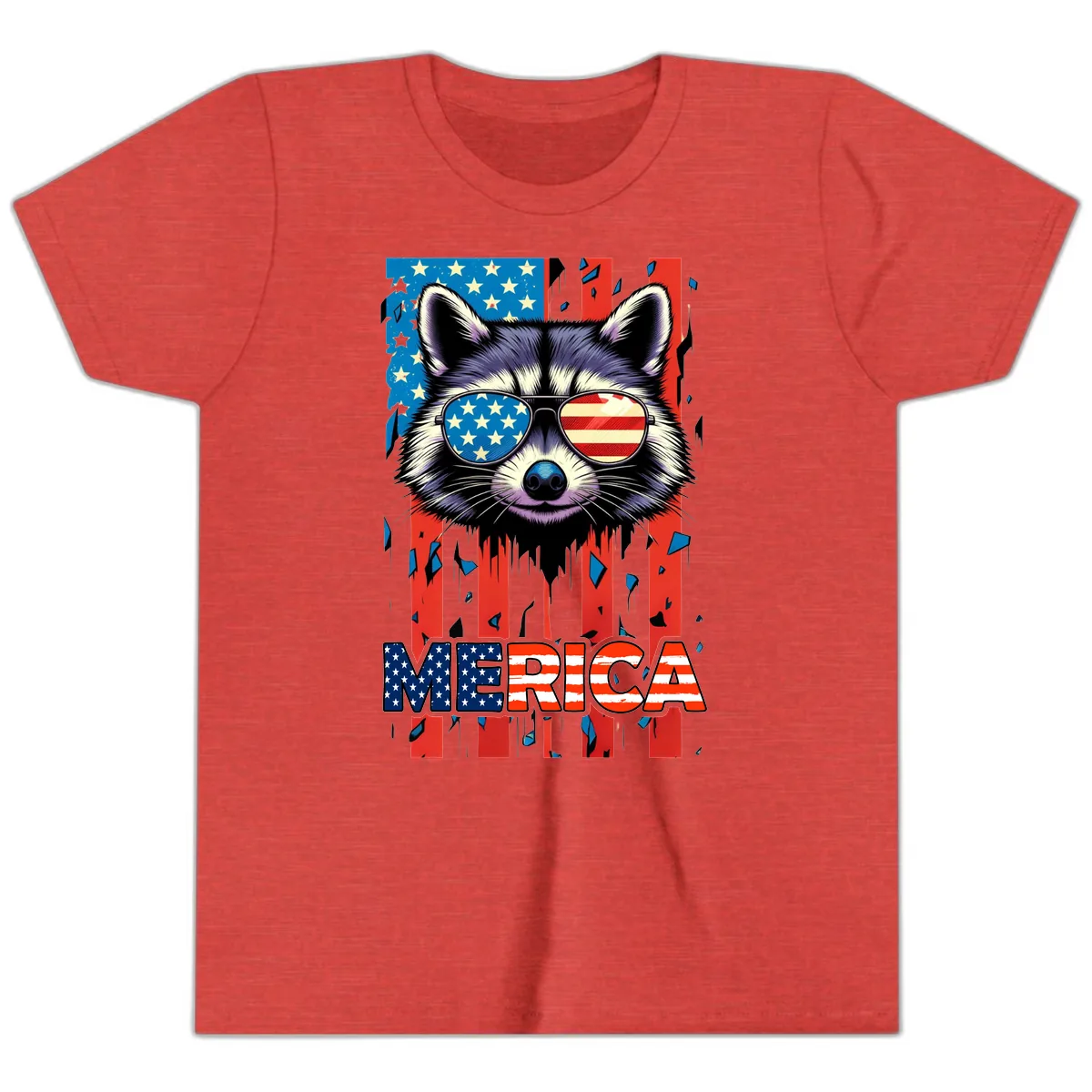 Patriotic Raccoon Merica Sunglasses Youth T-Shirt in Heather Red
