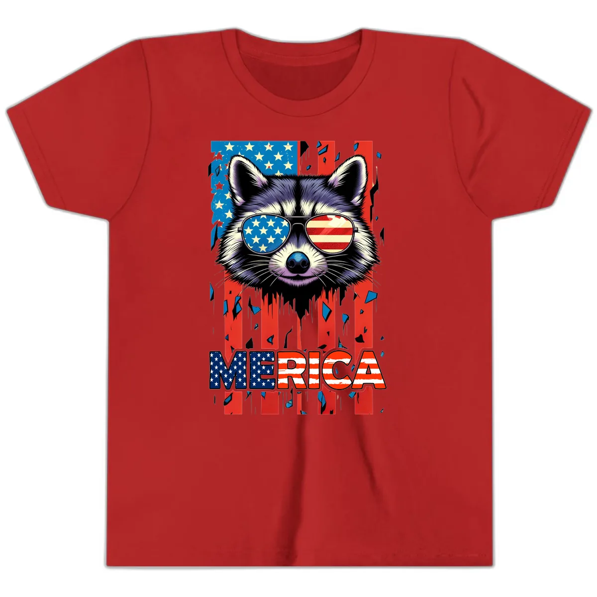 Patriotic Raccoon Merica Sunglasses Youth T-Shirt in Red