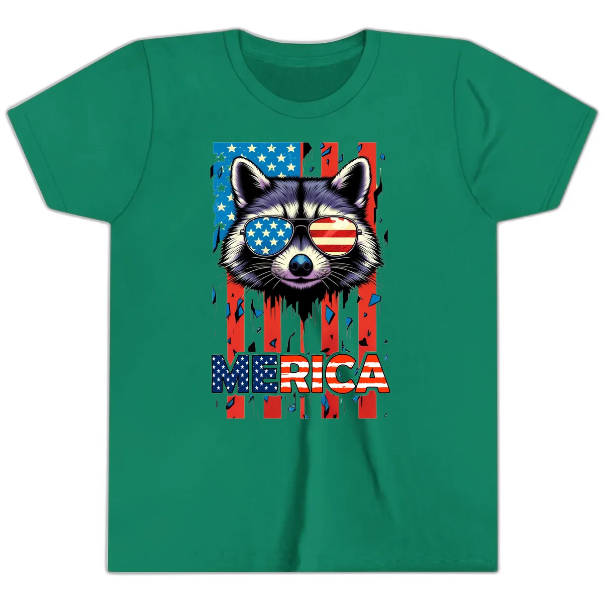 Patriotic Raccoon Merica Sunglasses Youth T-Shirt in Kelly