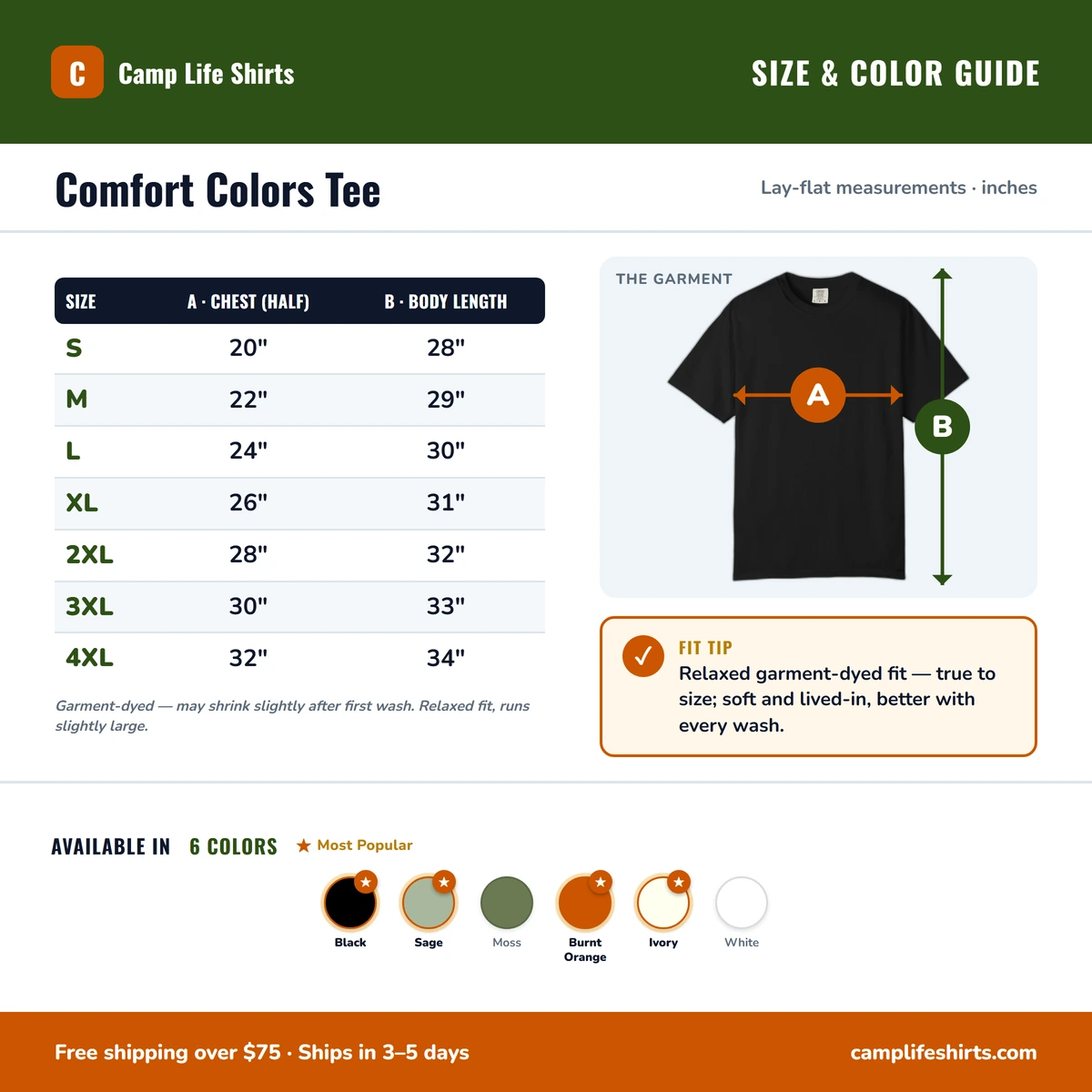 Comfort Color size & color guide