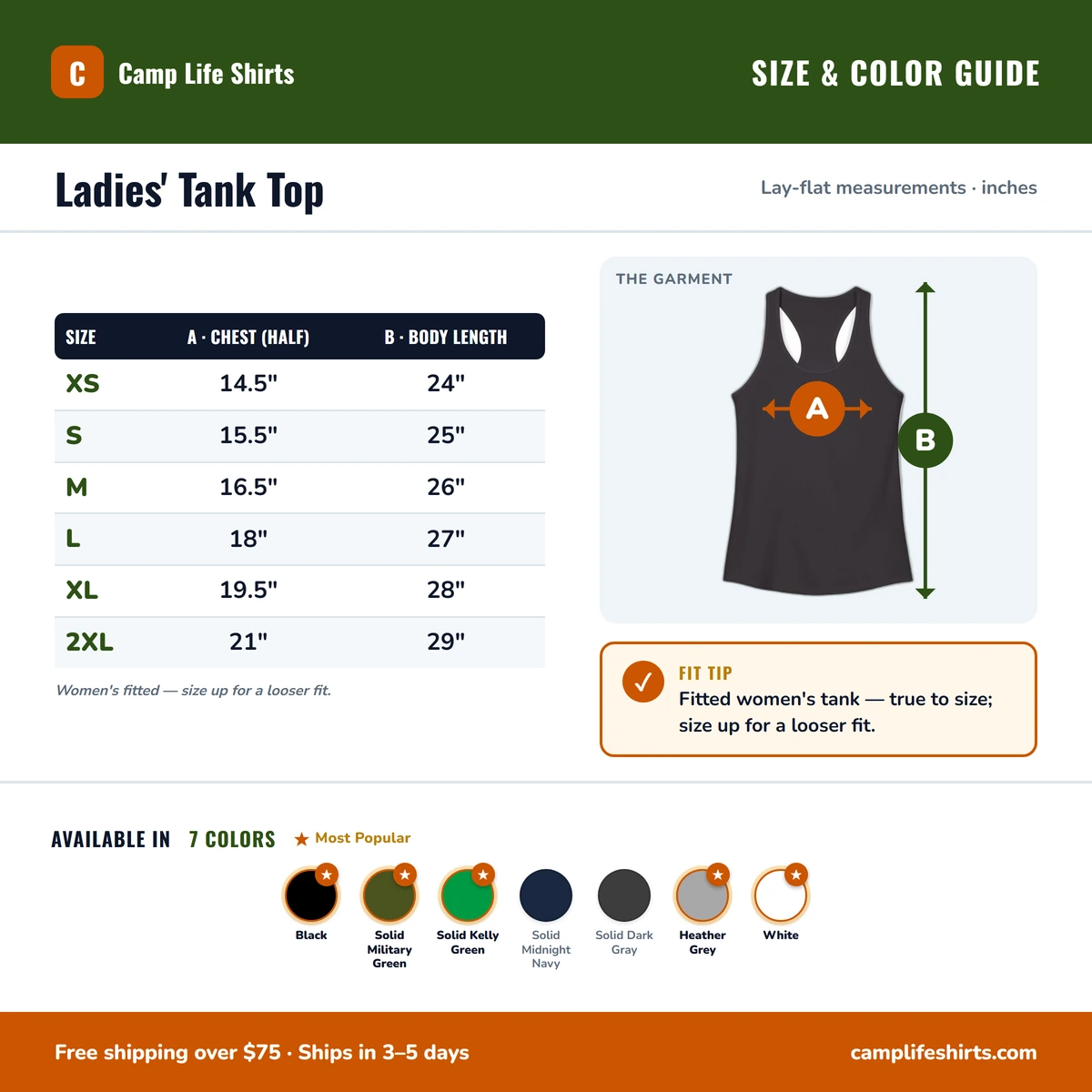 Ladies Tank size & color guide