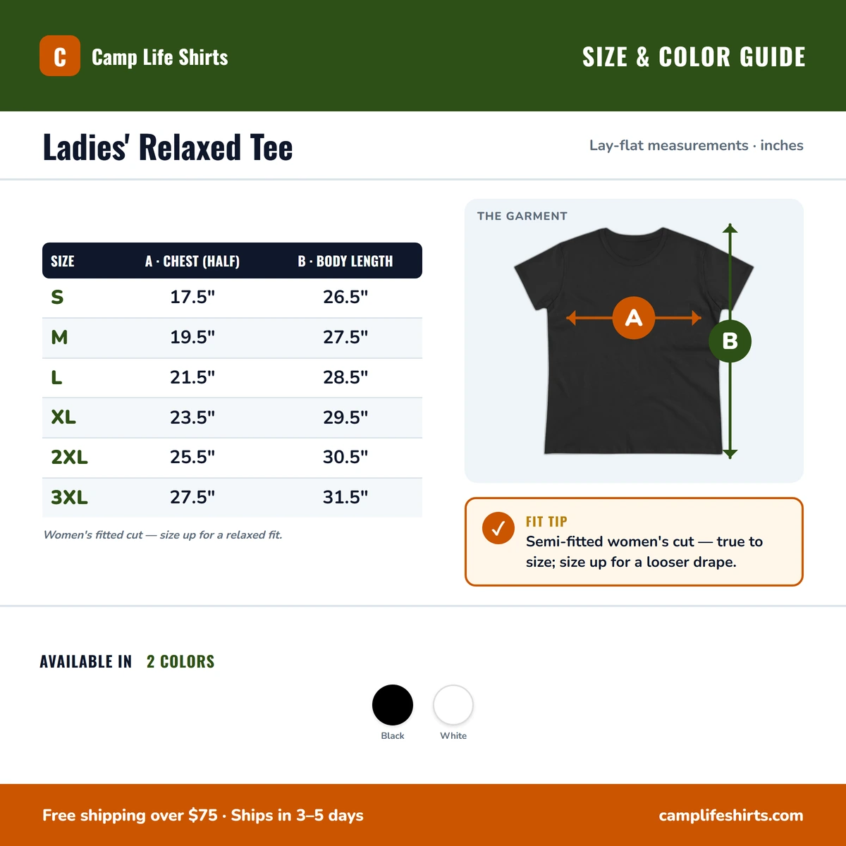 Ladies Tee size & color guide