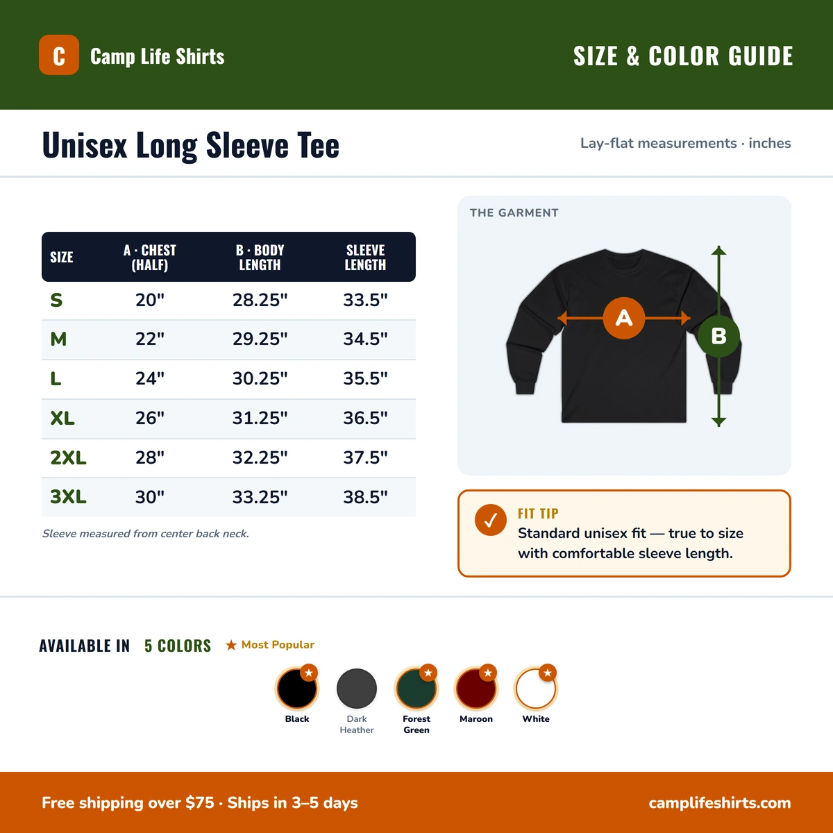 Long Sleeve size & color guide