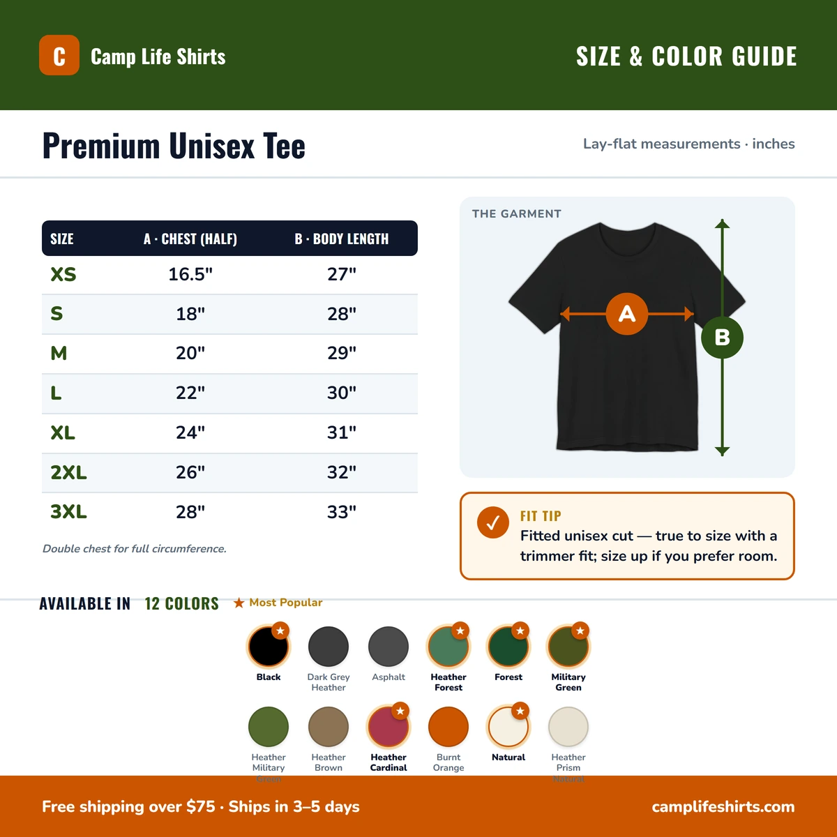 Premium T-Shirt size & color guide