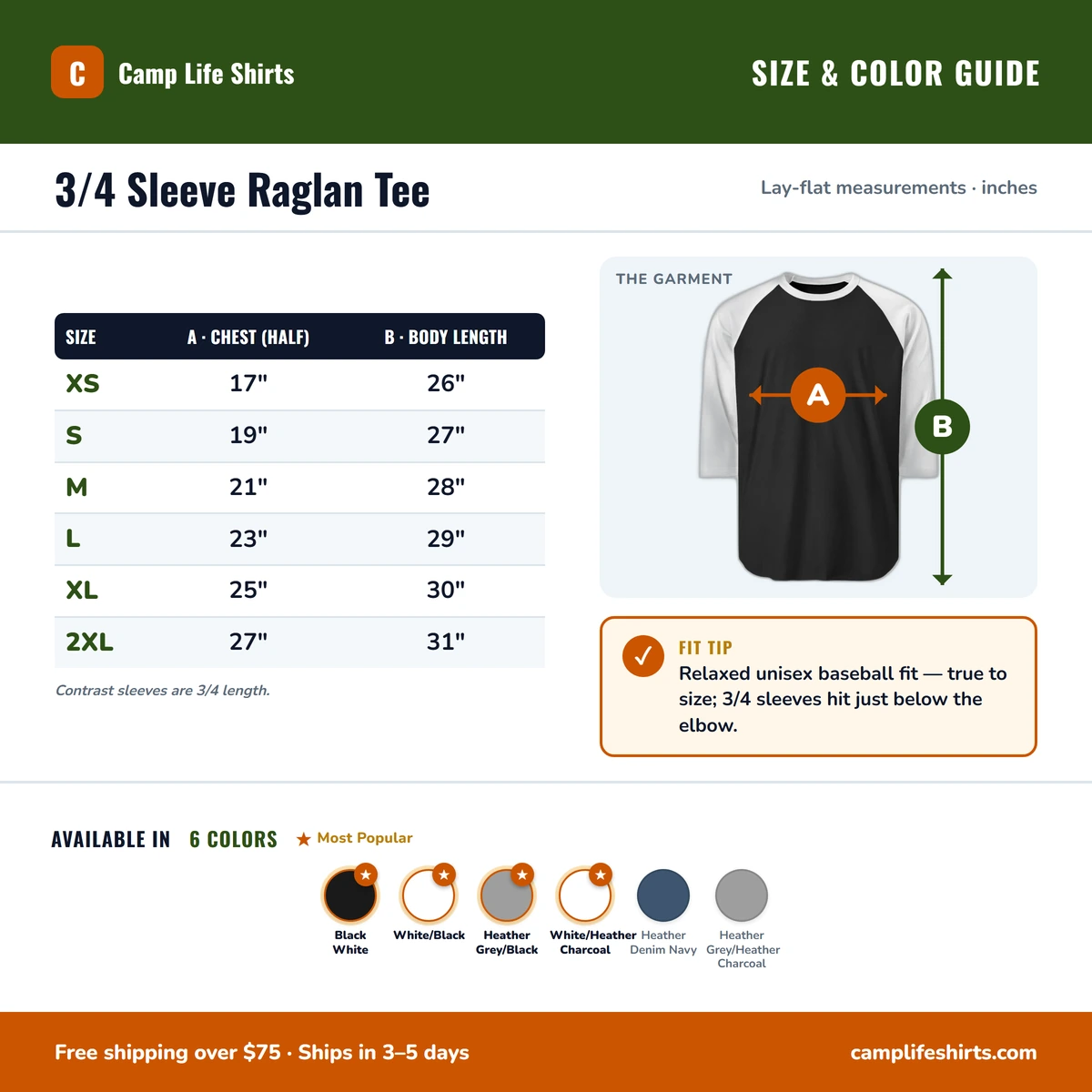 Raglan 3/4 size & color guide