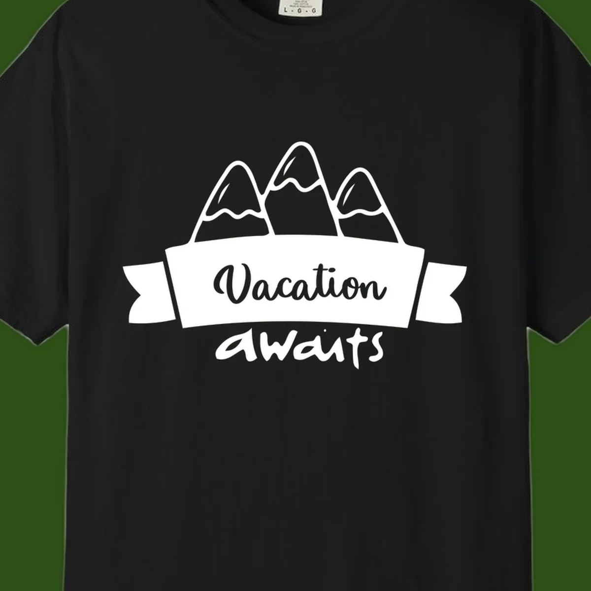 Vacation awaits mountains design featuring three snow-capped peaks with banner ribbon and elegant script text on gray background
