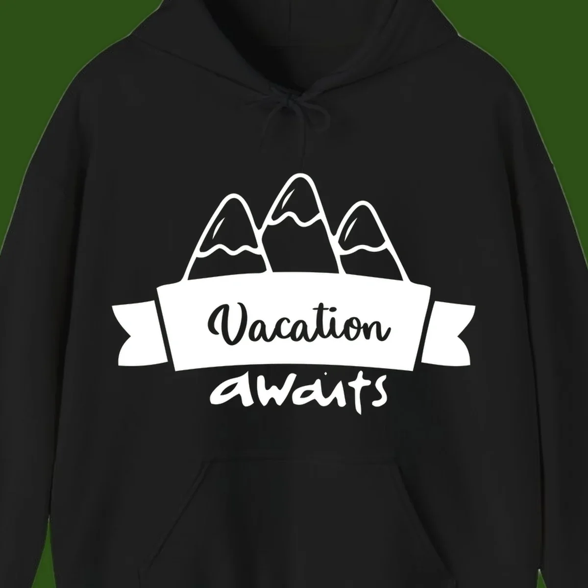 Vacation awaits mountains design featuring three snow-capped peaks with banner ribbon and elegant script text on gray background