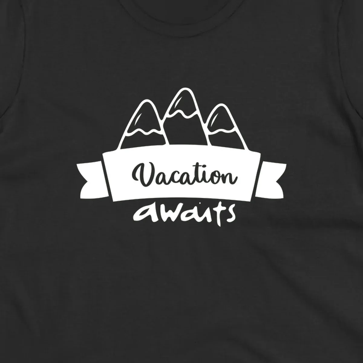 Vacation awaits mountains design featuring three snow-capped peaks with banner ribbon and elegant script text on gray background