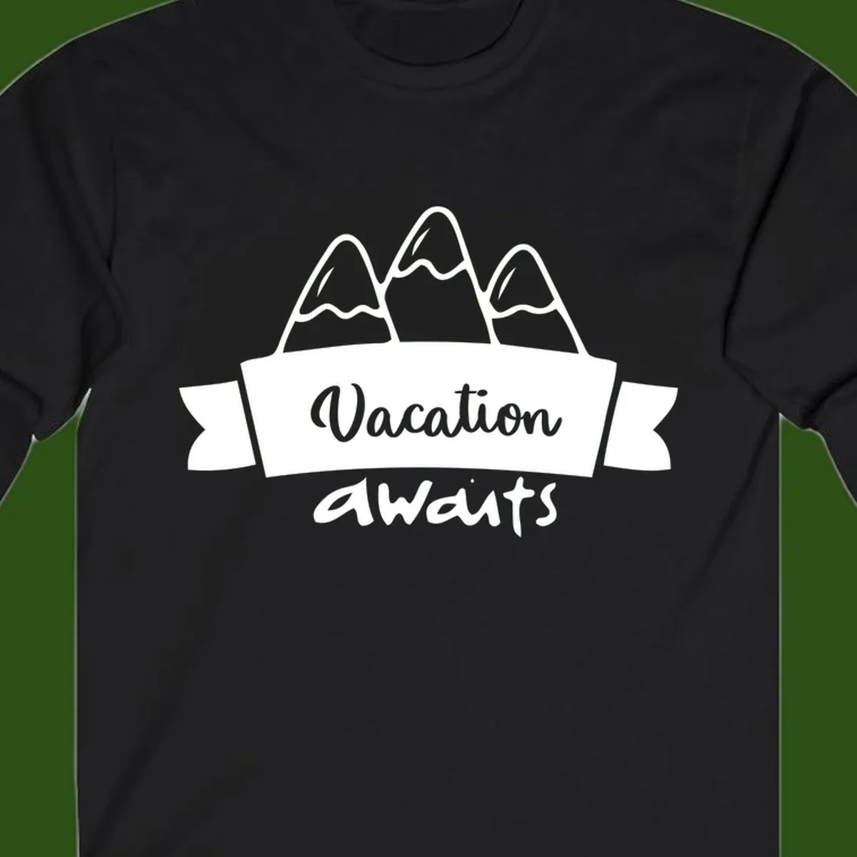 Vacation awaits mountains design featuring three snow-capped peaks with banner ribbon and elegant script text on gray background