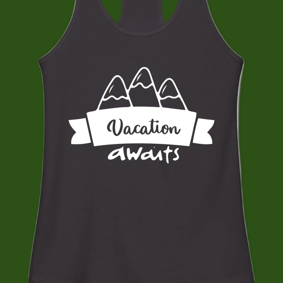 Vacation awaits mountains design featuring three snow-capped peaks with banner ribbon and elegant script text on gray background