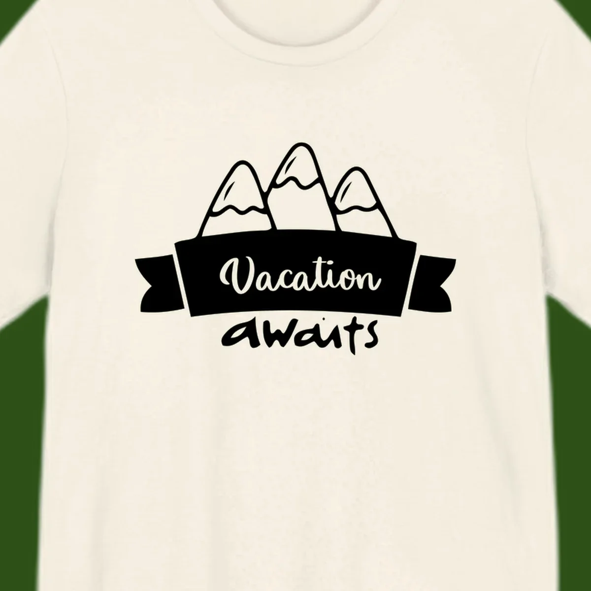 Vacation awaits mountains design featuring three snow-capped peaks with banner ribbon and elegant script text on gray background