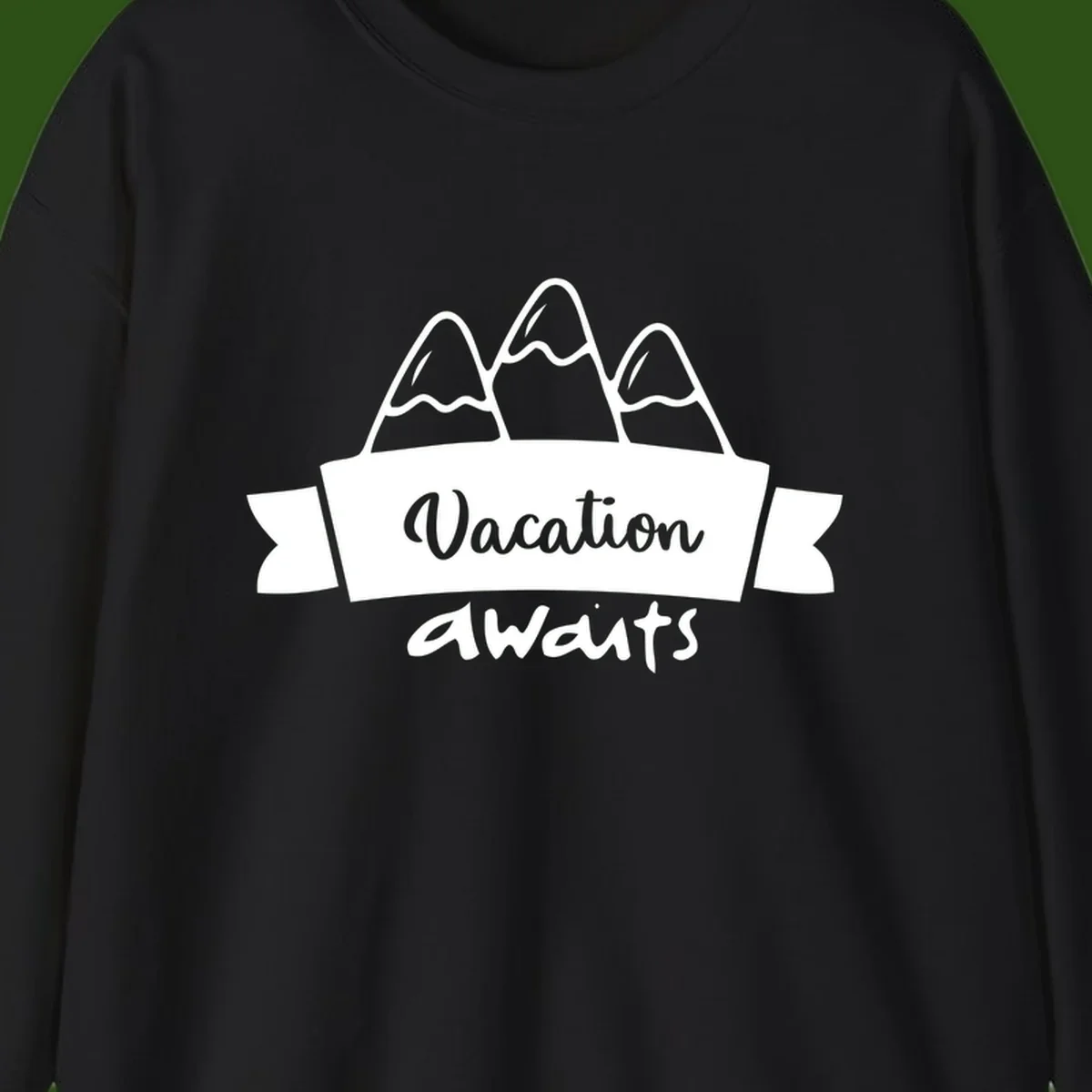 Vacation awaits mountains design featuring three snow-capped peaks with banner ribbon and elegant script text on gray background