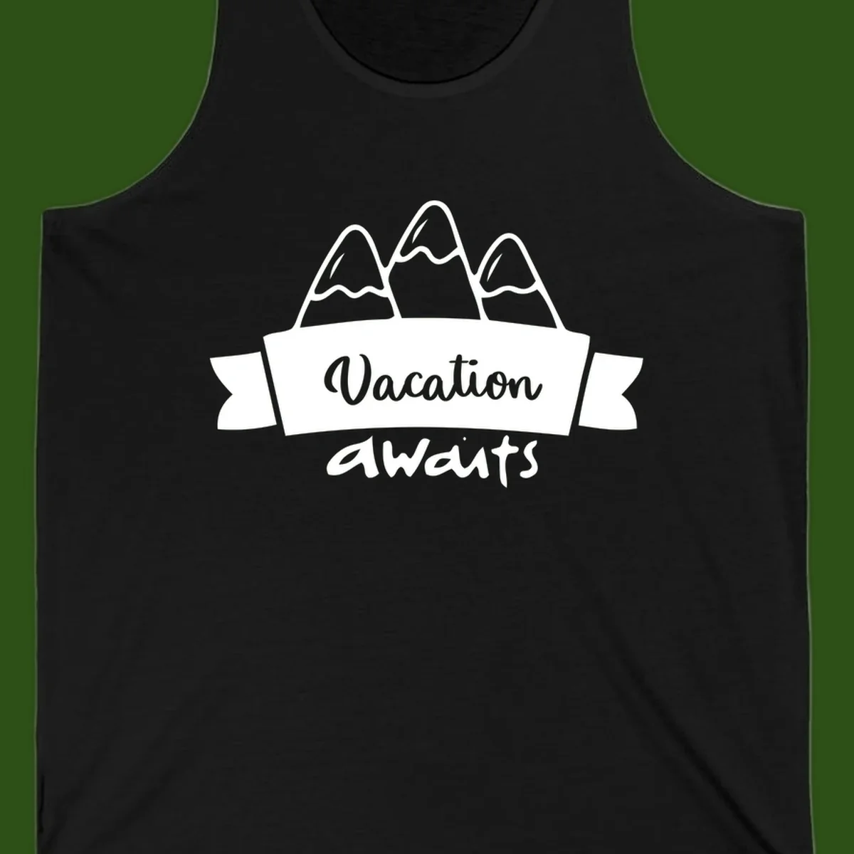 Vacation awaits mountains design featuring three snow-capped peaks with banner ribbon and elegant script text on gray background