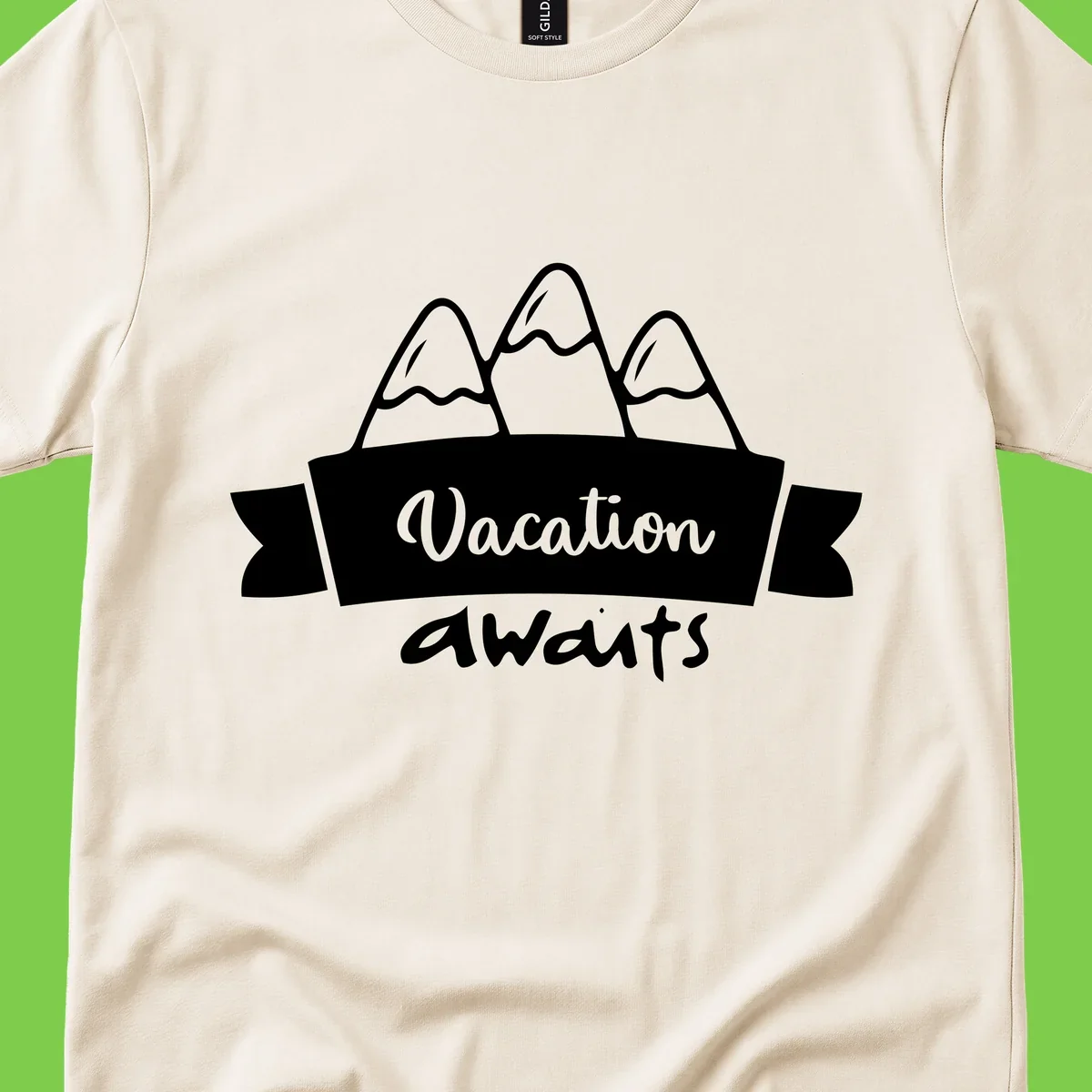 Vacation awaits mountains design featuring three snow-capped peaks with banner ribbon and elegant script text on gray background